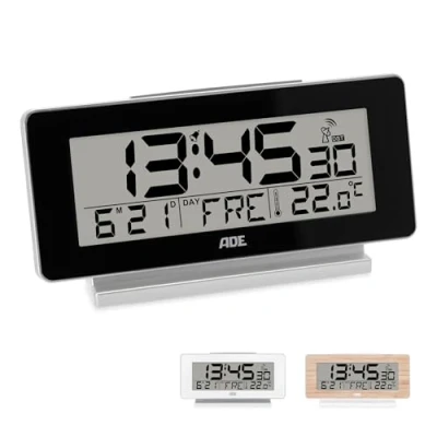 Image de ADE Horloge numérique Digitale de Table reveil Radio piloté avec Affichage température et Calendrier éclairage Design Moderne thermomètre LCD Noir