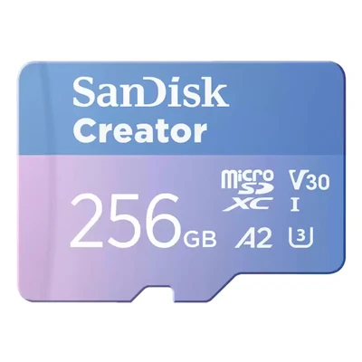 Image de SanDisk Creator microSDXC UHS II 256 Go avec adaptateur (carte microSD pour smartphones, caméras et drones, 5.3K &amp; 4K, A2, C10, V30, U3, jusqu&#039;à 190 Mo/s, 3 mois à Adobe Lightroom inclus)