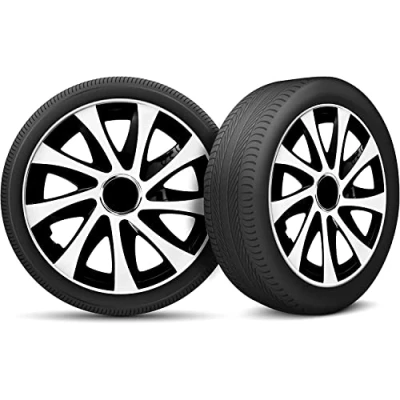 Image de Moltico Enjoliveur Set de 4 Universel Enjoliveurs Adapté à Toutes Roues en Acier pour Auto Anneau Sécurité Réglable 16 Pouces Blanc Noir