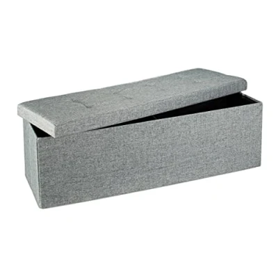 Image de Relaxdays Pouf de rangement pliant coffre repose pieds banquette rectangle 38 x 114 cm boîte pliable tabouret en Lin avec couvercle amovible salon siège appoint, gris