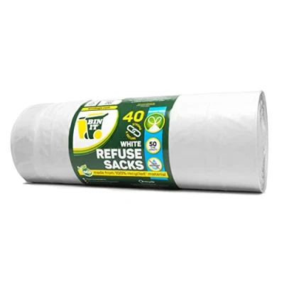 Image de BIN IT Lot de 40 sacs poubelle blancs avec cordon serrage 50 L solides et sécurisés, poubelle, recyclés, résistants aux déchirures, 30 μm, parfaits pour un usage quotidien, la maison, le