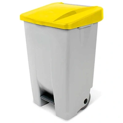 Image de Poubelle à pédale avec roues, capacité 80 litres, HxLxP 740 x 490 420 mm, gris corpus, couvercle jaune