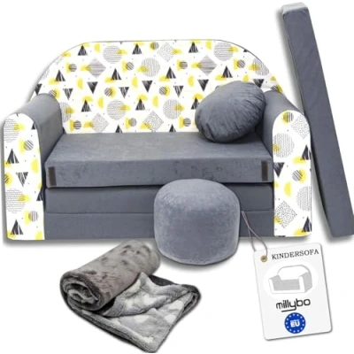 Image de millybo canapé pour enfant, avec fonction de couchage, pliable, 3 en 1, jeu, lit, fille et garçon, mini canapé, chambre d&#039;enfant, fauteuil gris AJ4