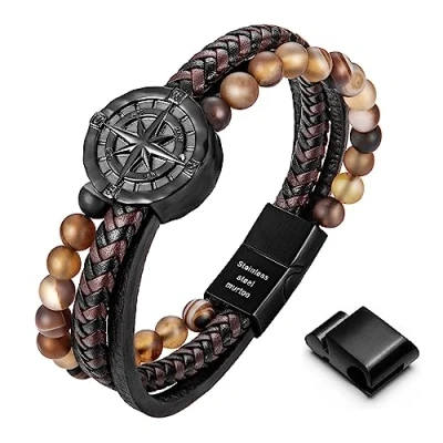Image de murtoo Bracelet homme, en cuir pour homme noir et marron, boussole, Fermoir magnétique acier inoxydable, Excellente idée cadeau homme(marron,agate,23cm)