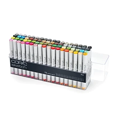 Image de COPIC Sketch Set de 72 marqueurs à encre alcool permanente double pointe, pointe pinceau ultra souple et large biseautée, rechargeable C