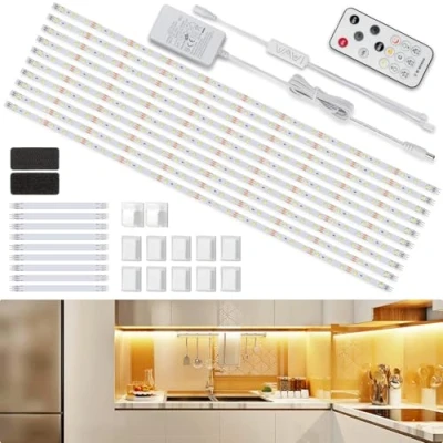 Image de Ruban LED Blanc Chaud 5m, Enteenly Bande 12V Cuisine avec Télécommande et Prise, Kit D&#039;éclairage à Intensité Variable sous Armoire pour Meubles, Escalier, Placard, Cuisine, étagère, 300 LEDs 2700k