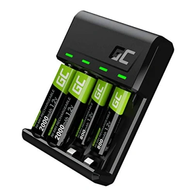 Image de Green Cell VitalCharger Chargeur + 2 Piles AA 2000 mAh AAA 800 pour NI MH R6 R03 Mignon avec Micro USB C. Système de Charge 4 canaux à partir 1 ou AAA, LED