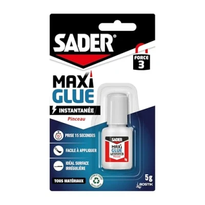 Image de Sader Maxiglue Pinceau Super Glue Universelle Tous Matériaux Colle de Réparation à Prise Rapide Extra Forte Transparente Flacon 5 g