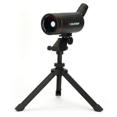 Image de Celestron 52238 Mini Mak Lunette d’observation angulaire 70 mm Maksutov pour une observation longue portée, oculaire zoom 25 75x, optique multicouches, blindage caoutchouc Trépied de table inclus