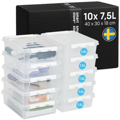 Image de SmartStore 8L Boîtes rangement Plastique avec Couvercles Lot de 10 Transparentes Emboîtables et Empilables boite document, sans BPA Fermeture à Clips Blancs l 40 x 30 H 11 cm