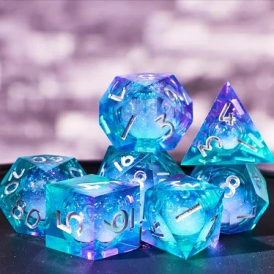 Image de Set de Dés DND Sables Mouvants Résine Polyédriques Sharp Edge Dice 7 pièces Faits à la Main pour Donjons D4 D6 D8 D10 D12 D20 D% et Dragons Ttrpg Pathfinder RPG Jeu Role avec Boîte Cadeau