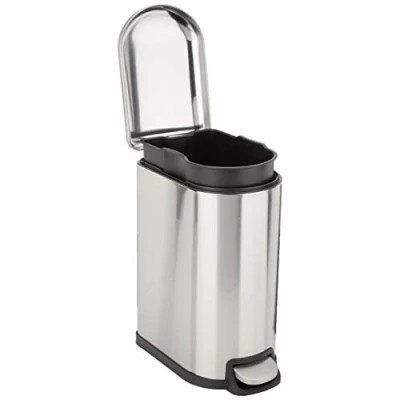 Image de Amazon Basics Poubelle en forme de D antitache à pédale, fermeture douceur, pour salle bain, chambre ou salon, fine espace étroit, 10 l, acier inoxydable brossé