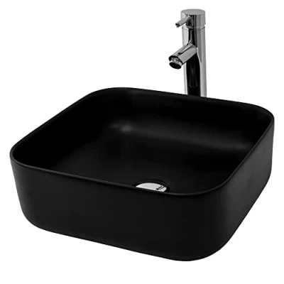 Image de ML Design Lavabo en Céramique Noir Mat, 395x395x140 mm, Vasque à Poser Rectangulaire, Lave Mains Moderne, Cuvette avec Trou d&#039;Évacuation, sans Mitigeur et Matérial de Montage, Évier pour Salle Bain
