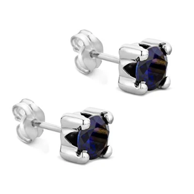 Image de Orovi Bijoux Femmes Boucles d&#039;Oreilles rondes avec Pierre Précieuse Saphir bleu Clous en Or Blanc 9 Carat / 375