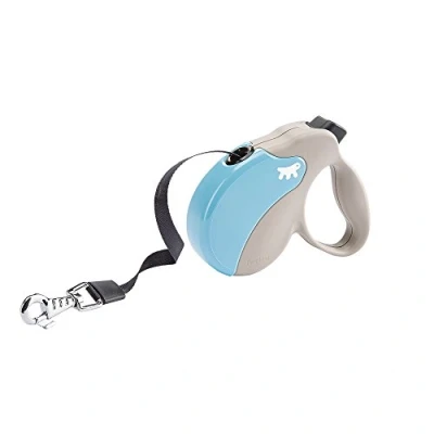 Image de Ferplast Laisse Chien Enrouleur Amigo Mini, pour Petits Chiens jusqu&#039;à 12 Kg. Sangle Extensible Max 3 m. Bouton de Verrouillage et déverrouillage Unique, Beige, Couvercle Bleu Clair