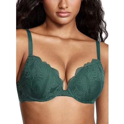 Image de DOBREVA Femme Soutien Gorge Push Up Dentelle avec Armatures Plongeant Rembourré Moulé Minuit Émeraude 85C