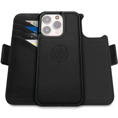 Image de dreem Fibonacci Compatible avec iPhone 15 Pro Max funda cartera / 2 en 1 étui Antichoc et Folio Amovible Cuir végétal, MagSafe, Protection RFID [Noir]