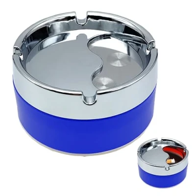 Image de cendrier rond pivotant, de table, moderne coloré avec couvercle ouvrant pour compartiment cigarettes, cendres et mégots dans le jardin, bar, bureau, maison (bleu)