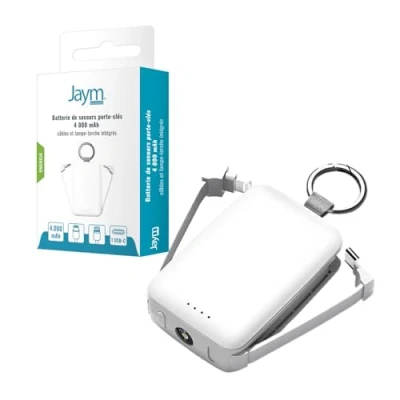 Image de Batterie de Secours Porte clés 4.000 Mah Cables Usb c Et Lightning Integrés Lampe Torche Blanche Neuf