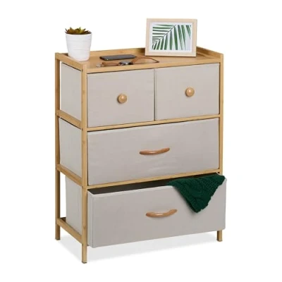 Image de Relaxdays Commode à 4 tiroirs, HLP : 73 x 57,5 30 cm, Meuble de Rangement, Bambou et Tissu, Beige/Nature