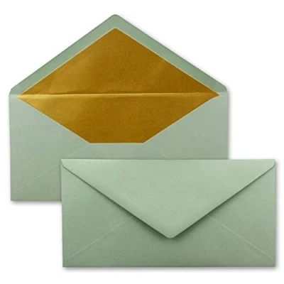 Image de 75x enveloppes 11 x 22 cm couleur: eucalyptus (vert) aves doublure en or métallique fermeture: gommée format DL américain, portefeuille sans fenêtre