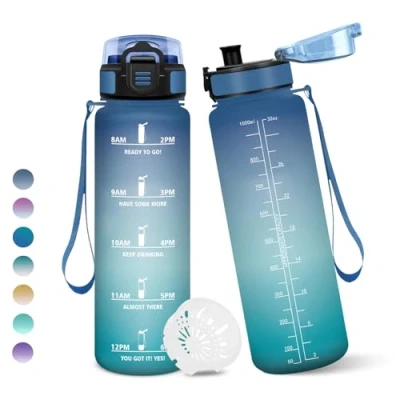 Image de Gourde, 1000ML Sans BPA, Gourde sport, Avec Horodatage, Bouteille, Conception de Verrouillage Anti Fuite, Bouteille Plastique pour bureau, En cours d&#039;exécution, Escalader Des Montagnes Bleu&amp;vert