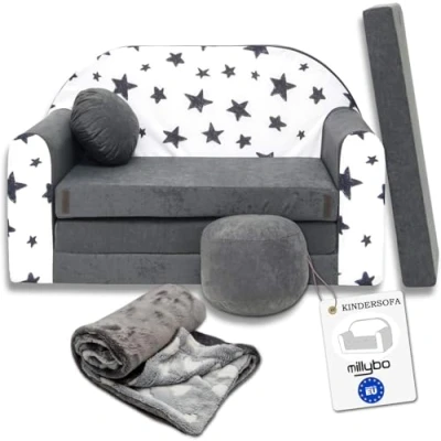 Image de millybo Canapé pour enfant, avec fonction de sommeil, pliable, 3 en 1, lit, fille et garçon, mini canapé, chambre d&#039;enfant, fauteuil gris AC1