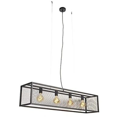 Image de QAZQA cage_mesh Suspension multiples 4 lumière L 118 cm Noir Rustique éclairage intérieur Salon I Chambre Cuisine Salle à manger