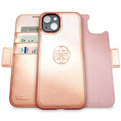 Image de dreem Fibonacci Compatible avec iPhone 14 funda cartera / 2 en 1 étui Antichoc et Folio Amovible Cuir végétal, MagSafe, Protection RFID [Rose]