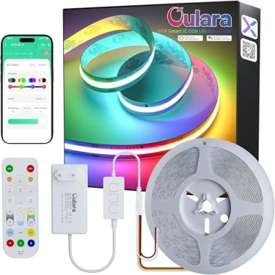Image de OULARA RGB Smart IC COB LED bande Adressable 10M,24V colorée avec mode musique,LED Ruban lumineux multicolore flexible contrôleur WIFI et alimentation pour décoration de fête DIY