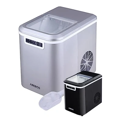 Image de Arebos Machine à glaçons Ice Cube Maker 12 kg / 24 h 10 15 minutes de production 2 tailles Réservoir d&#039;eau 2,2 litres Fonction autonettoyante Argenté