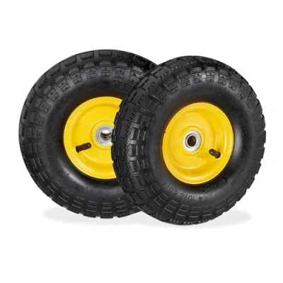 Image de Relaxdays Lot de 4 Roues pour Diable 4.1/3.5 4, Chambre à air, axe 136 mm, Max. kg, Jantes Acier 260 x 85 Jaune/Noir