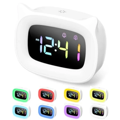 Image de Blanc LED Reveil Enfant, Lumineux, Luminosité Réglable, Enfant Jour Nuit, 18 Sonneries, 4 Modes, Réveil Numérique, Mode Répétition Haut de Gamme, Fille, Port USB