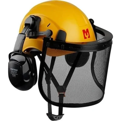 Image de Mustbau Casque de Sécurité pour Tronçonneuse, Protection avec Coquilles Antibruit et Visière en Maille, 53 à 63cm Tour Tête Réglable Convient Forestière, Chantier, Travail Jaune