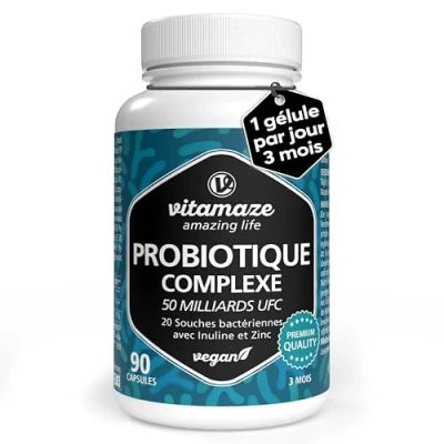Image de Probiotique Flore Intestinale 50 milliards UFC, 20 Souches avec Zinc et Inuline (3 Mois) 1 Capsule par Jour Végane Gastro résistante pour Digestion Immunité Qualité Européenne Vitamaze®