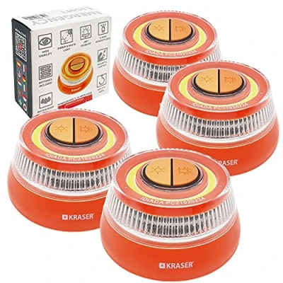 Image de KRASER KR4V16NP4 Pack 4 Éclairage Secours Voiture Signalisation Lumineuse Route, Lumière Urgence Gyrophare LED Intensité, Homologué Balise de Magnétique, Autonome Compacte + Lampe Poche
