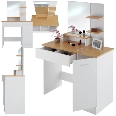 Image de TecTake® Coiffeuse avec Miroir Table de Maquillage Vanity Desk Moderne 3 étagères 1 tiroir, Compartiment à Porte Rangement Meuble Adulte Femme Blanc/Hêtre