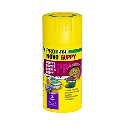 Image de JBL PRONOVO GUPPY GRANO, Aliment de Base pour Guppys et autres Poissons Ovovivipares 3 10 cm, Granulés Poissons, Doseur à clic, taille S, 100 ml