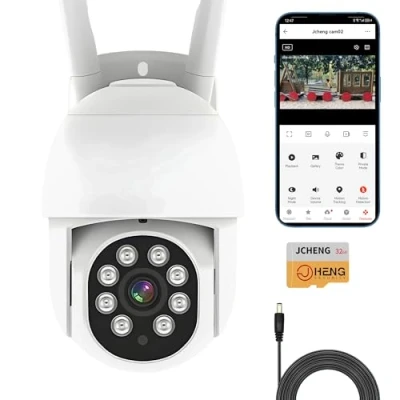 Image de JCHENG Caméra de sécurité extérieure 4 MP avec Suivi Mouvement et détection vocale Surveillance à Distance Carte SD Incluse Compatible Alexa Google Home Intégration IP65