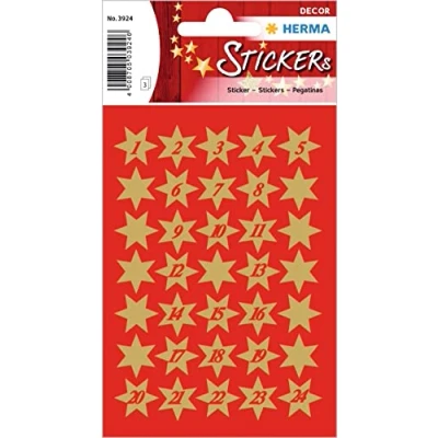 Image de HERMA 3924 Lot de 102 autocollants étoiles dorées Chiffres 1 à 24 petits, 14 mm, en papier, Noël pour cadeaux Noël, calendrier l&#039;avent, décoration récompense