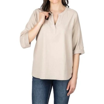 Image de DENIMFY DFSara Chemisier d&#039;été en lin pour femme Léger Coupe droite Manches 3/4 Col V Couleur unie Blanc Beige Vert Tailles S, M, L, XL, XXL, Sable clair, M