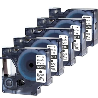 Image de Wonfoucs Ruban pour Étiqueteuse Compatible avec Dymo D1 45013 S0720530 Recharge Cartouche Etiqueteuse LabelManager 160 200 210D 280 360D 420P 450D, 12mm x 7m Noir sur Blanc 5 Packs