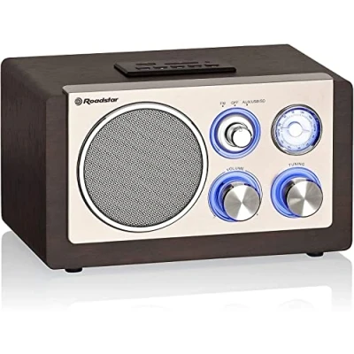 Image de Roadstar HRA 1345NUSWD Radio Vintage Portable Analogique FM, Port USB MP3, Lecteur de Cartes SD, Haut Parleur 16W, Rétro Compacte pour la Maison et Cuisine, Éclairage LED, Bois