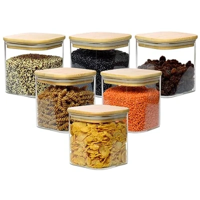 Image de gouveo Lot de 6 bocaux conservation 800 ml en verre borosilicate carré avec couvercle pour la cuisine et maison récipients robustes (BGE800B)