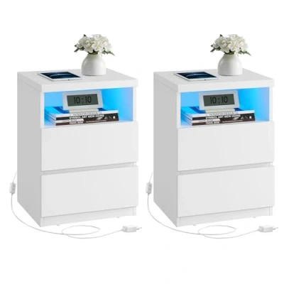 Image de VASAGLE Table de Chevet avec Éclairage LED Réglable, d’Appoint Tiroirs, Meuble à Nuit pour Chambre, Salon, Style Moderne, Blanc Nuage LET634W01