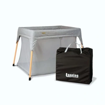 Image de Looping Lit Parapluie de Voyage Pliage Compact, Pieds Bois, Tissu Recyclé, Parc Bebe Pliable Gris Chiné