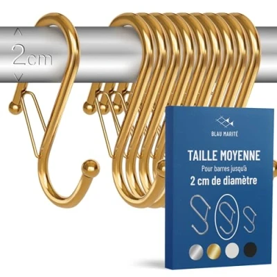Image de Blau Marité 10 Crochets en Forme de S avec Système Anti Chute. Longueur: 8,3cm. pour Barres jusqu&#039;à 2cm diamètre. Aide à l&#039;organisation la Maison. (Or, Moyen (Barres