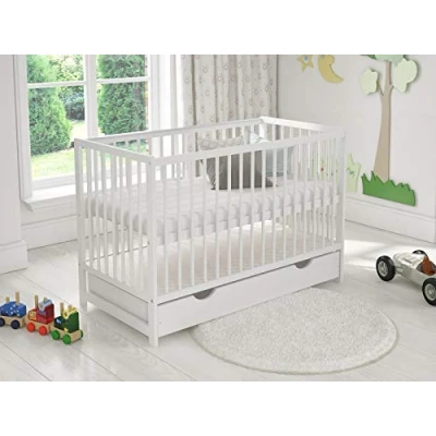 Image de Lit en Bois pour Enfants avec tiroir 120 x 60 cm,Lit Bebe Matelas Mousse,Lit evolutif + Barrière de sécurité Gaine Protection
