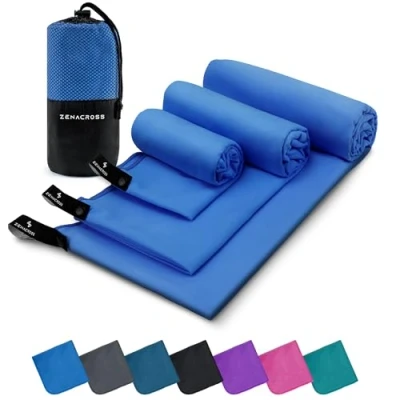 Image de ZENACROSS Serviette Microfibre Set de 3 avec Sac Transport Sport Compacte, Séchage Rapide et Absorbante Taille XS, S, M Bleu