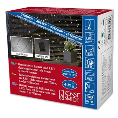 Image de Konstsmide 3723 100 Filet Lumineux Extérieur sur Pile 40 LEDs Blanc Chaud Câble Noir